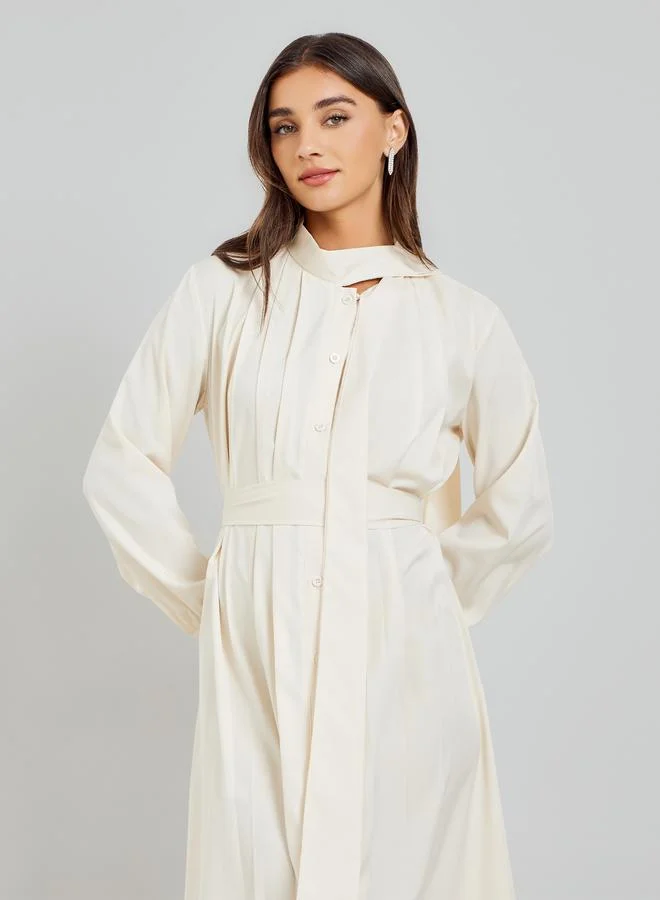 Styli Beige Fold Pleat Maxi Dress with Tie Detail